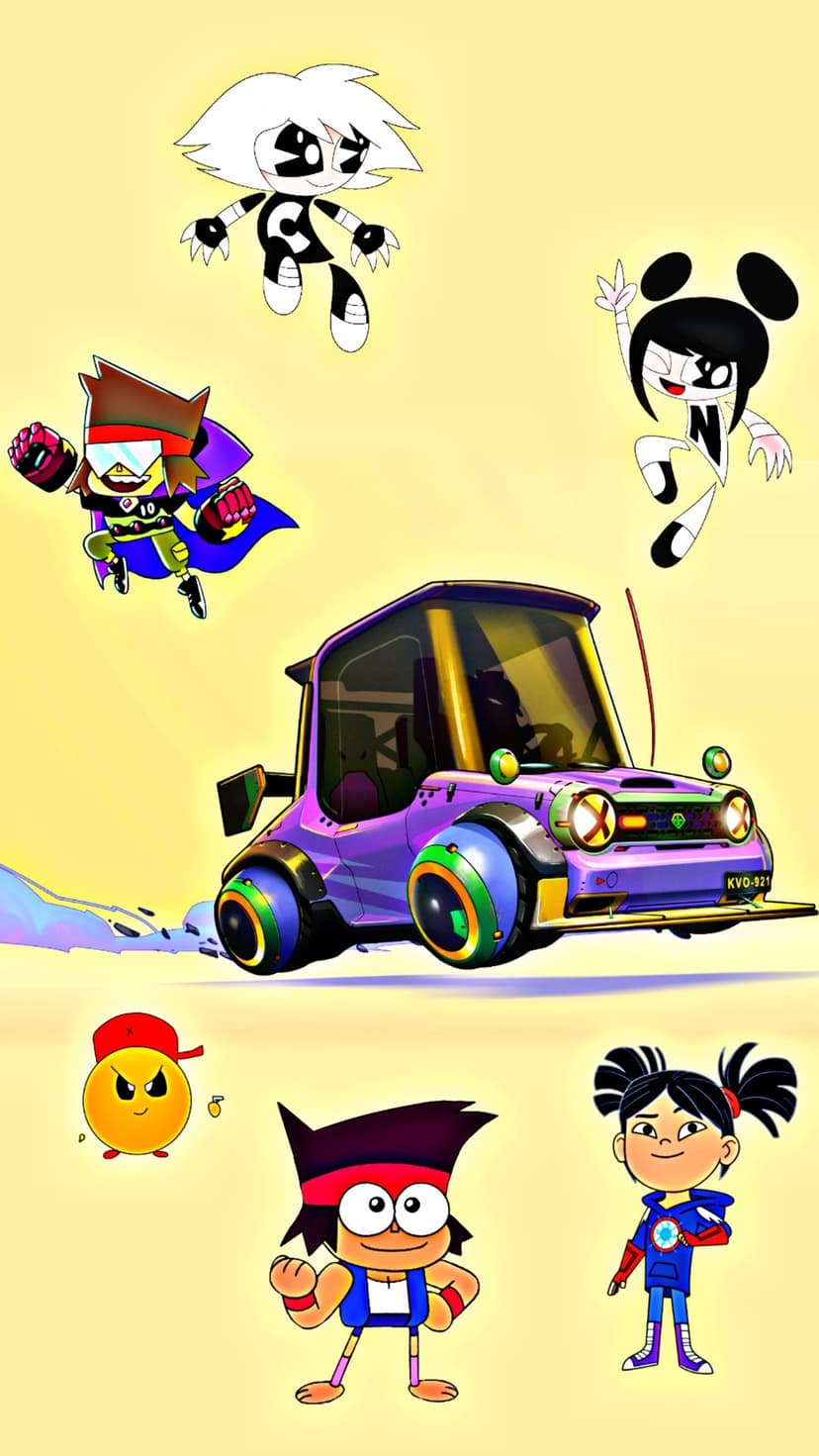 K.O., Enid, and Rad surround a purple futuristic car against a solid yellow background in a dynamic group pose.