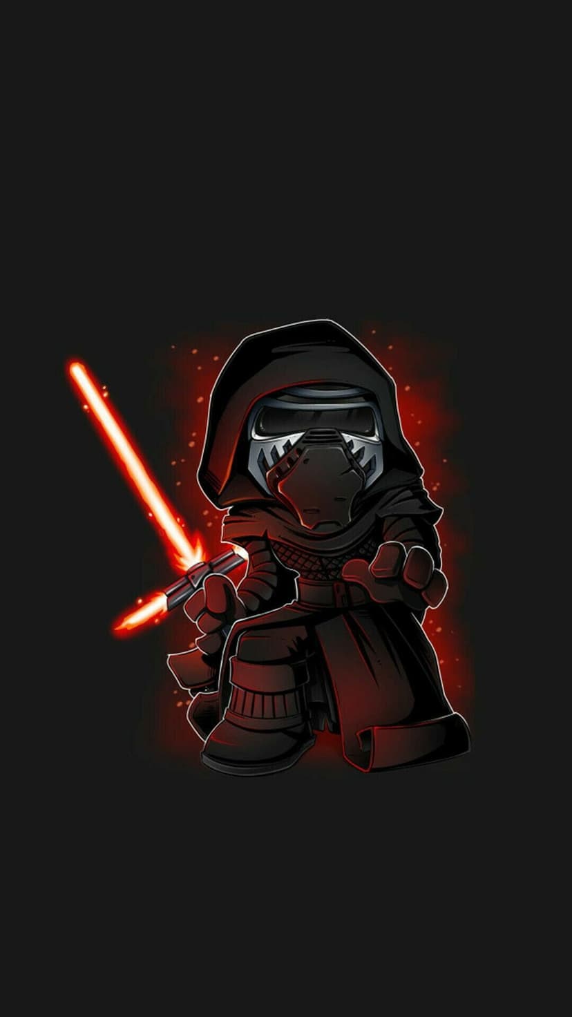 Kylo Ren in chibi form wearing a black mask and cloak while holding a glowing red lightsaber in the dark.