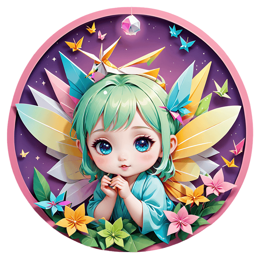 Chibi angel sticker featuring green hair and papercraft wings is surrounded by colorful origami flowers.