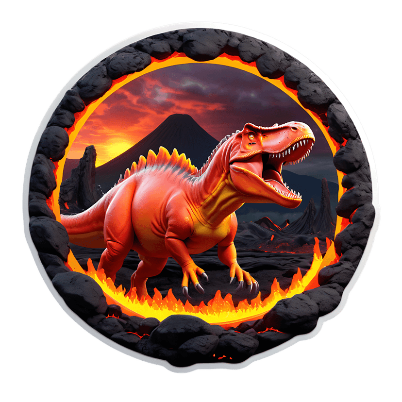 Orange theropod dinosaur roaring inside a circular volcanic rock frame with glowing lava and sunset peaks.