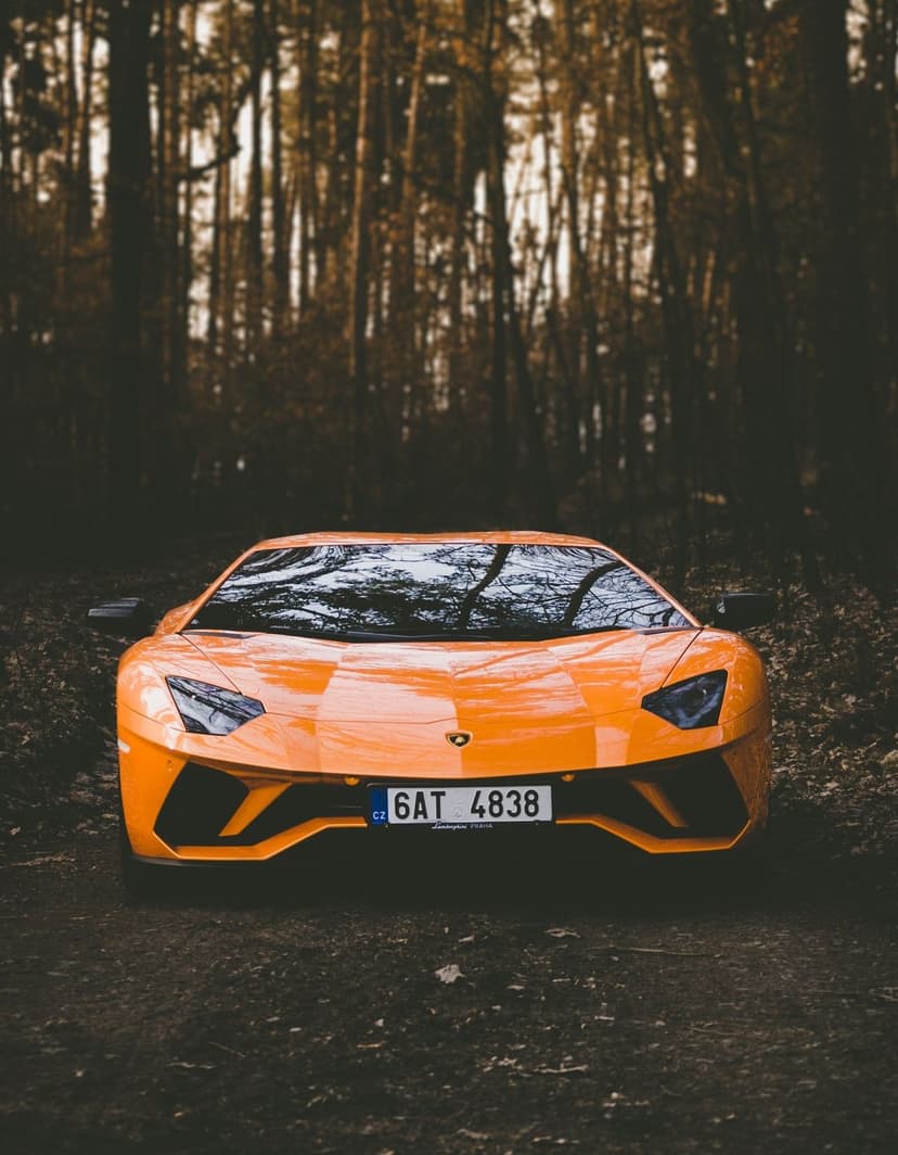 Orange Lamborghini Aventador on a dirt forest path surrounded by dark trees under moody atmospheric lighting.
