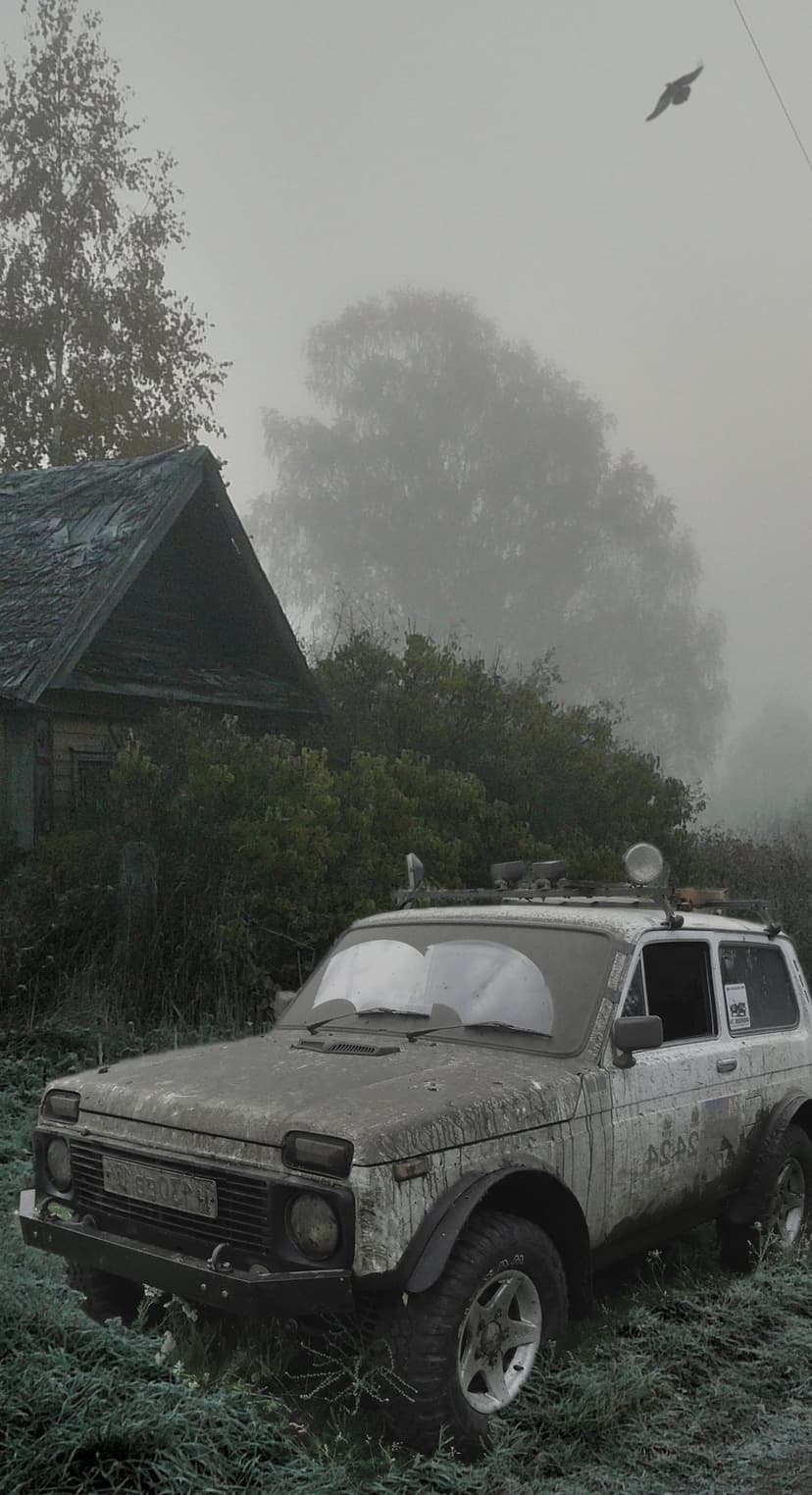 Mud-caked SUV with roof lights parked beside a dilapidated wooden house in a thick, grey fog with a bird overhead.