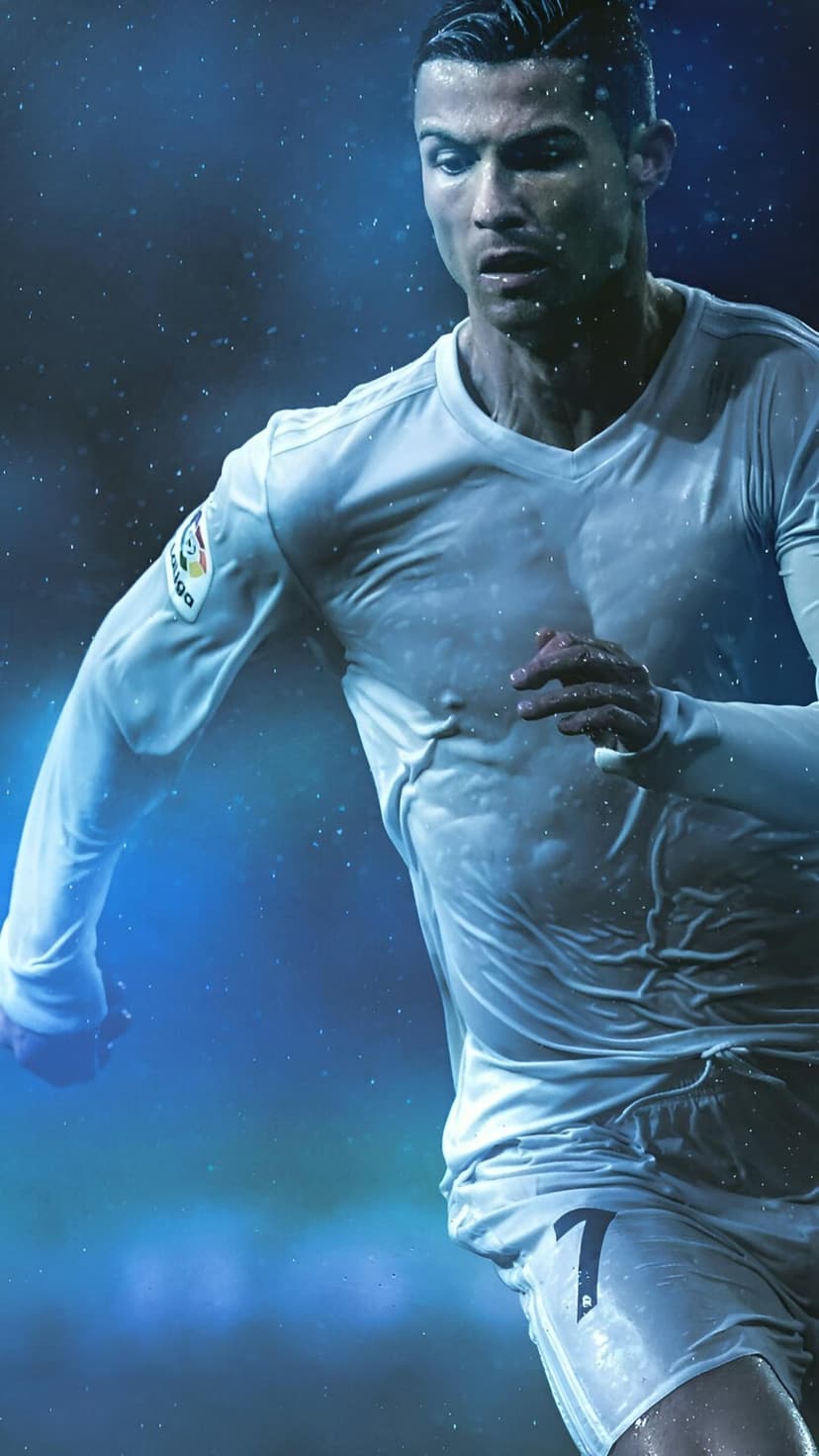 Cristiano Ronaldo in a soaked white jersey sprints through heavy rain under dark stadium lights at night.