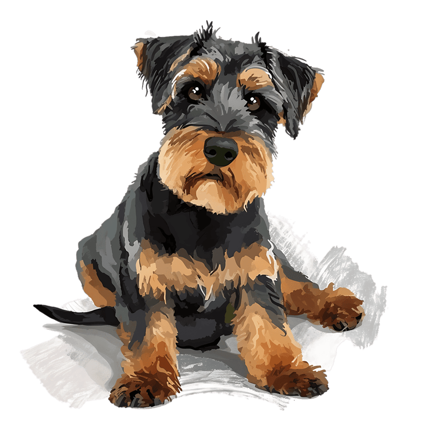 Black and tan terrier dog sitting on a white fluffy surface with realistic painterly fur textures.