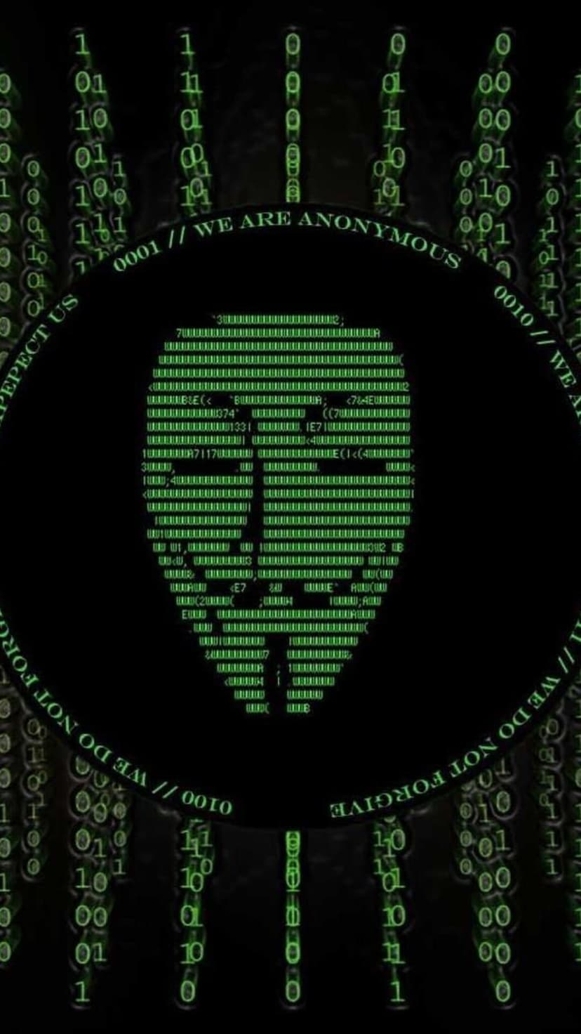 Guy Fawkes mask in green ASCII text centered inside a circular frame with vertical falling binary digits.