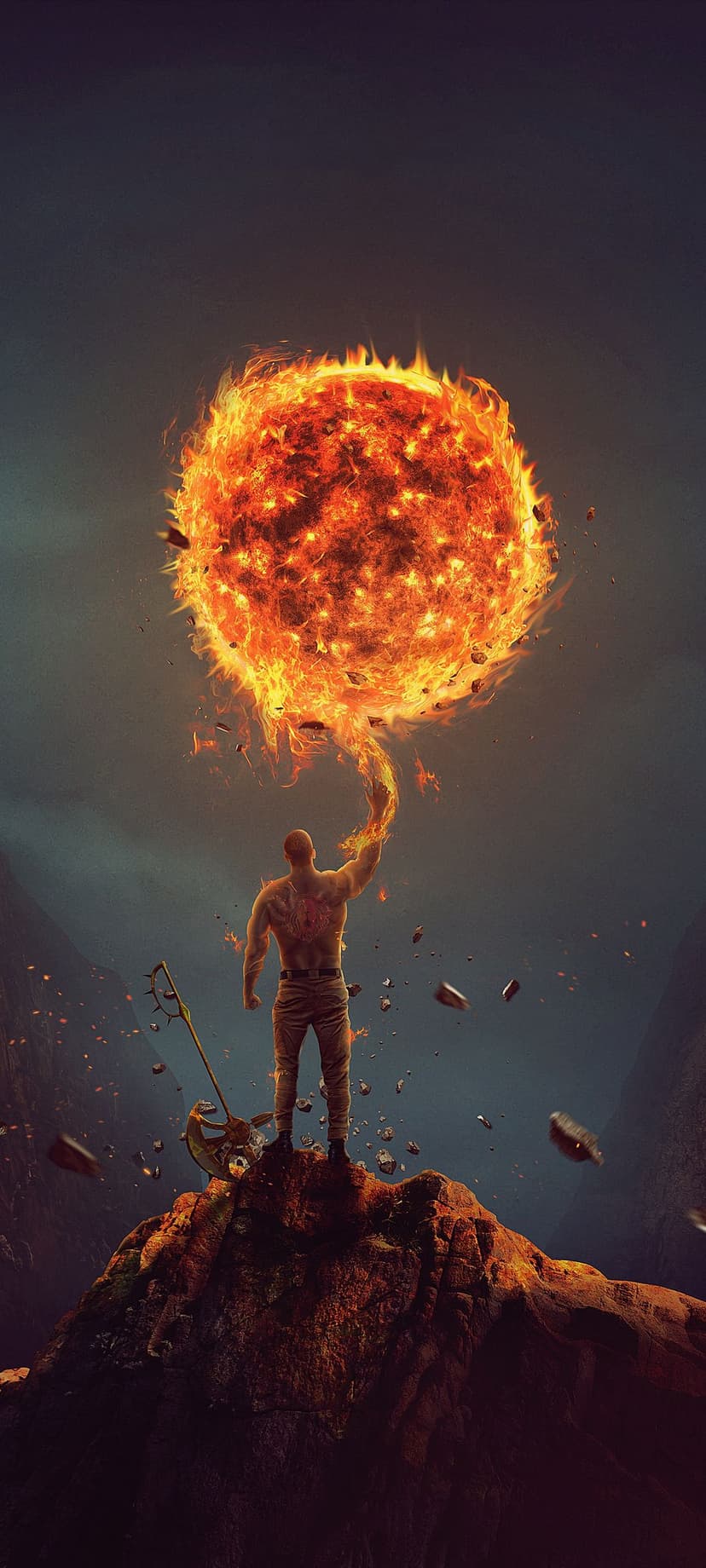 Muscular man standing on a jagged cliff holds a glowing sun with swirling flames against a dark mountain range.