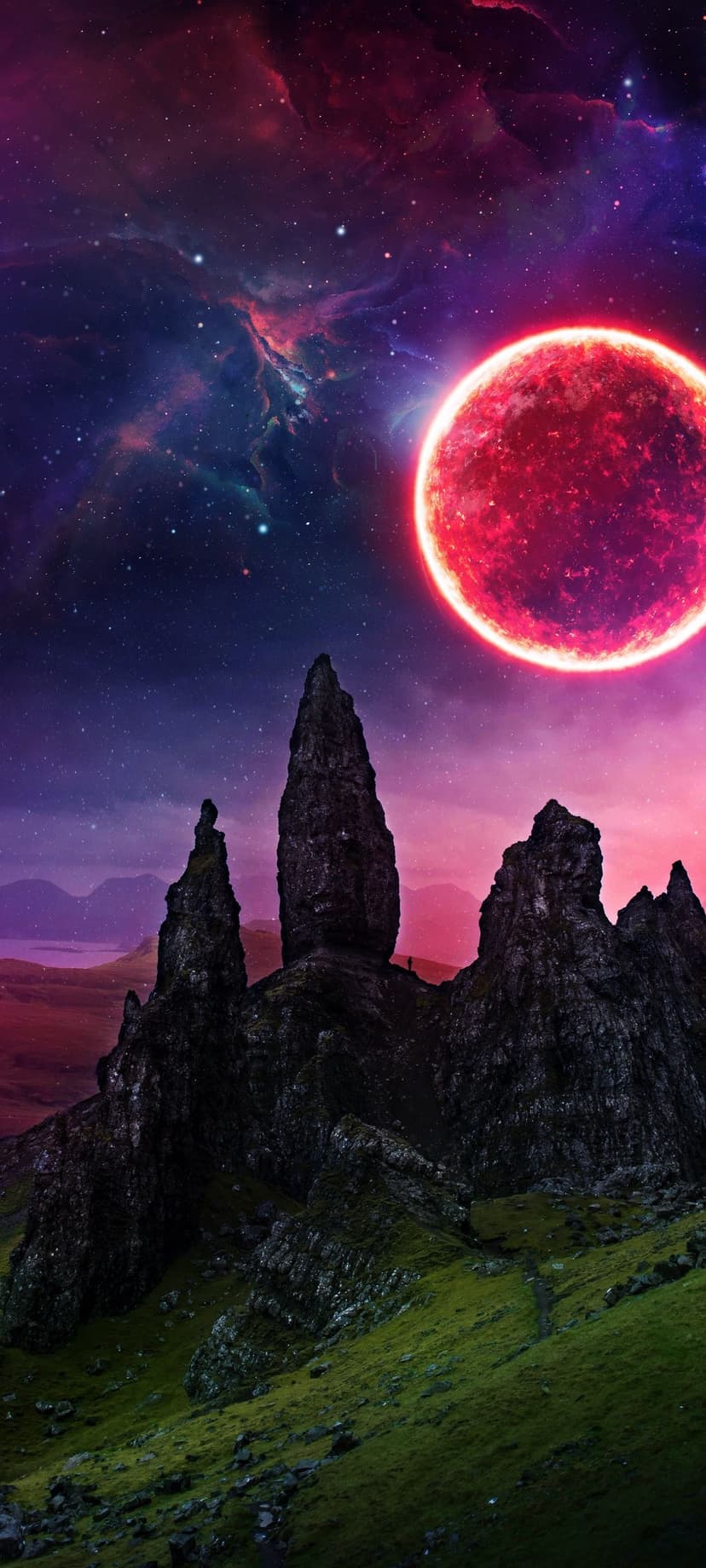 Crimson Sun Over Jagged Alien Peaks Phone Background