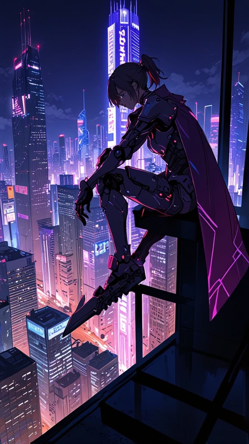 Anime girl in futuristic armor with a flowing cape sits on a ledge overlooking a neon-lit cyberpunk metropolis.