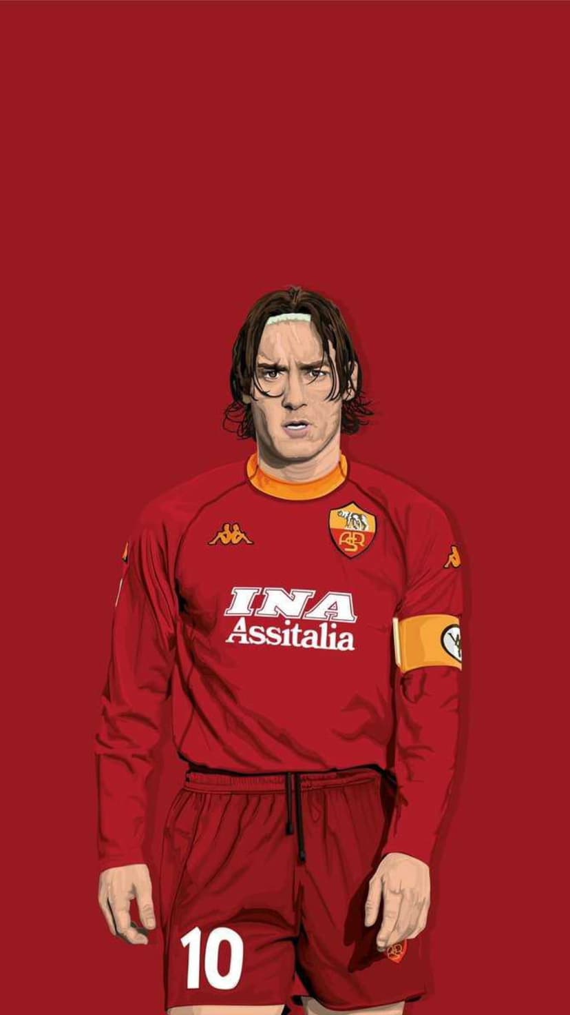 Francesco Totti wearing a red AS Roma number 10 jersey and a white headband against a solid red background.