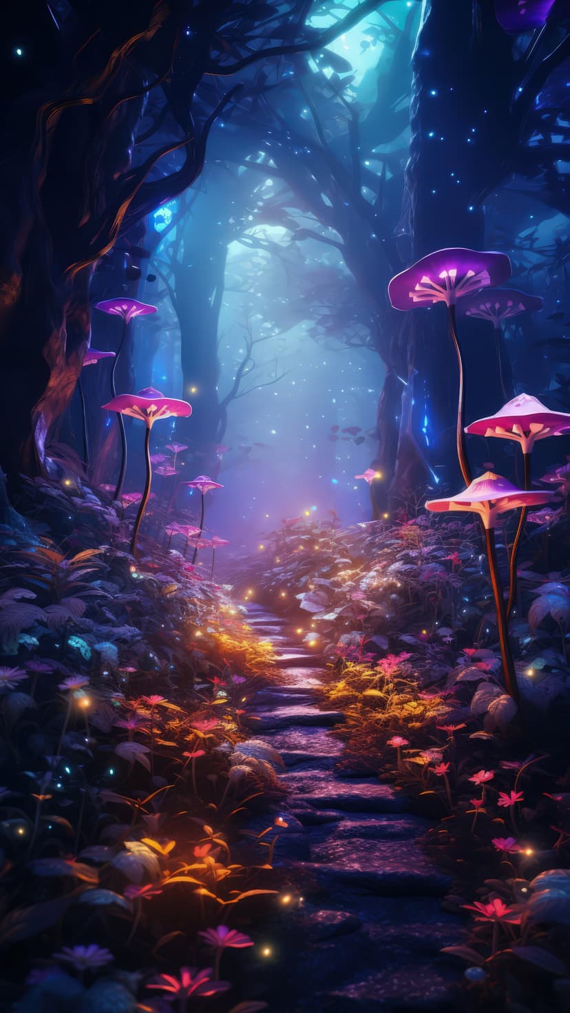 Glowing mushrooms line a stone path through a forest illuminated by soft violet and blue magical lights.