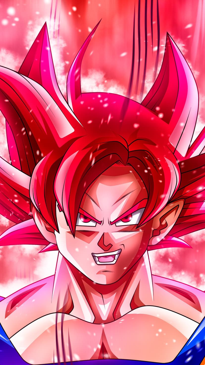 Goku with crimson hair and glowing red eyes stands focused amidst a flickering aura of intense scarlet energy.