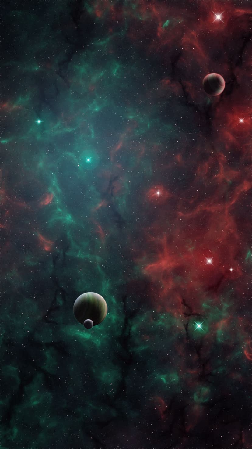 Red and green interstellar gas clouds surround several dark planets amidst a bright field of twinkling stars.