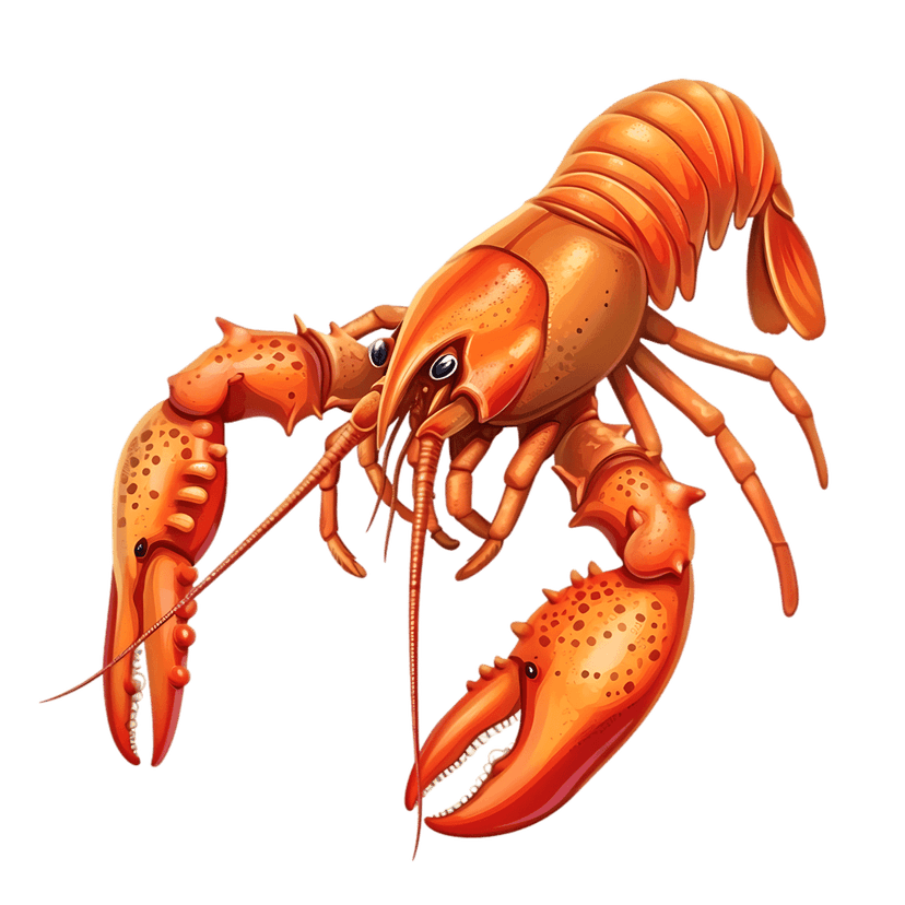 Orange lobster crustacean featuring sharp claws and segmented tail armor isolated on a black background.