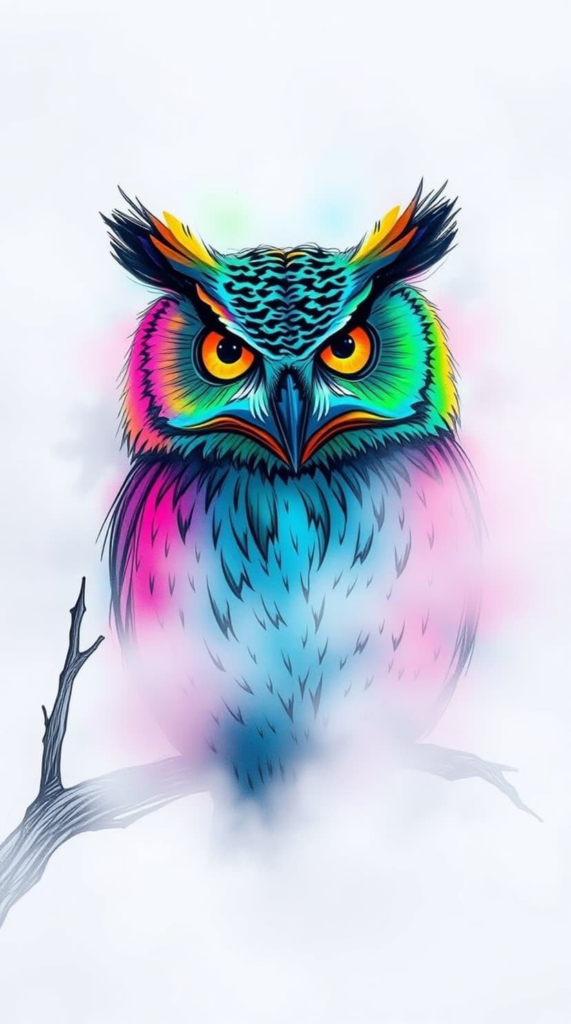 Rainbow feathered owl with glowing orange eyes perches on a bare branch amidst a soft white fog and ethereal mist.