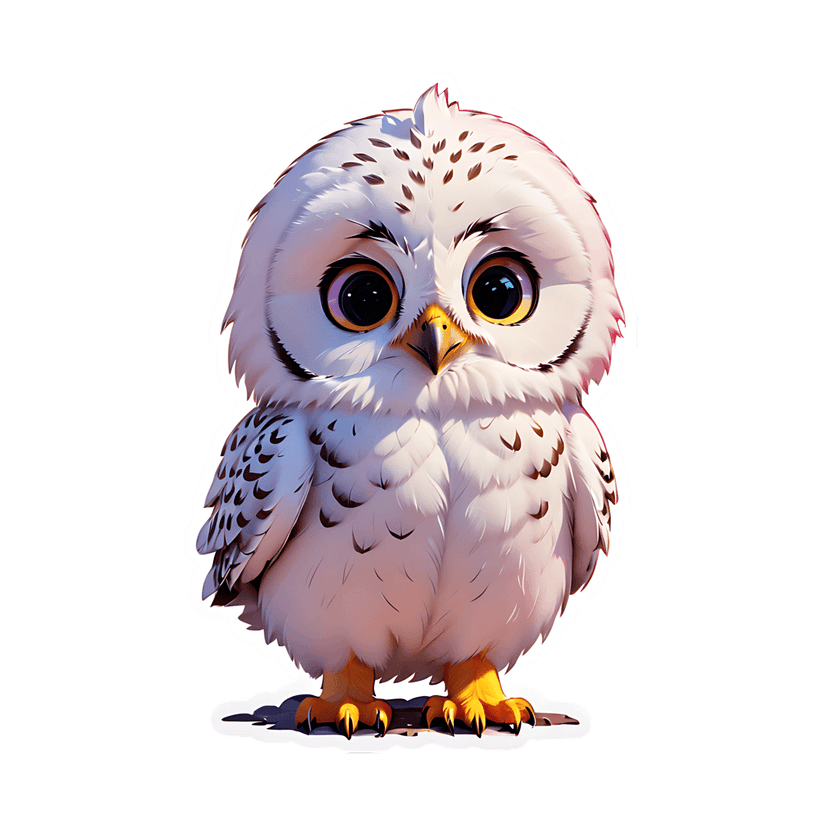 Snowy owl sticker illustration with white fluffy feathers, brown spots, yellow feet, and a clean white outline.