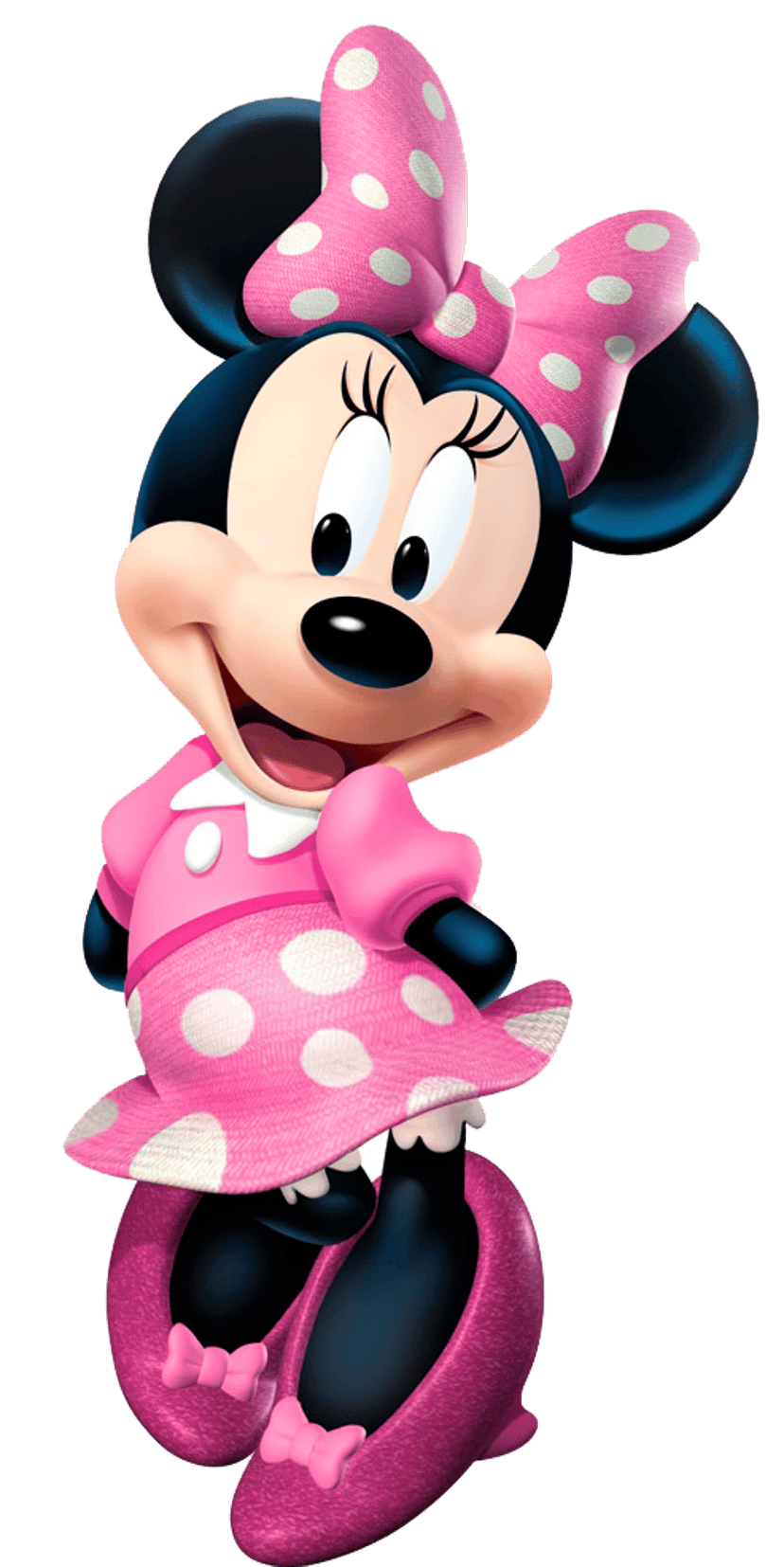 Minnie Mouse 3D character graphic wearing a pink polka dot bow and yellow shoes on a transparent background.