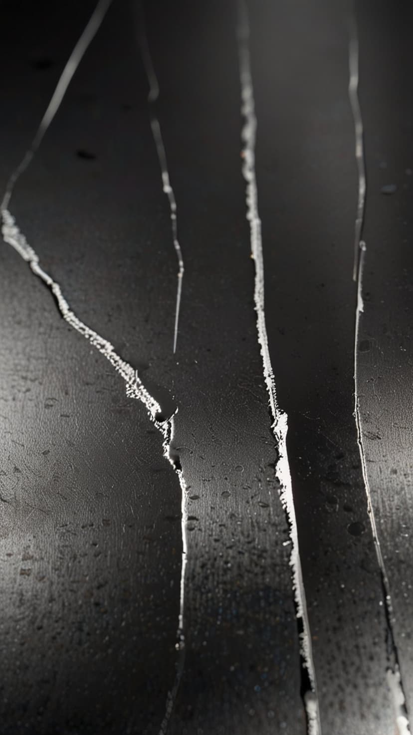 Luminous jagged cracks web across a dark matte textured surface with sharp, high-contrast reflective highlights.