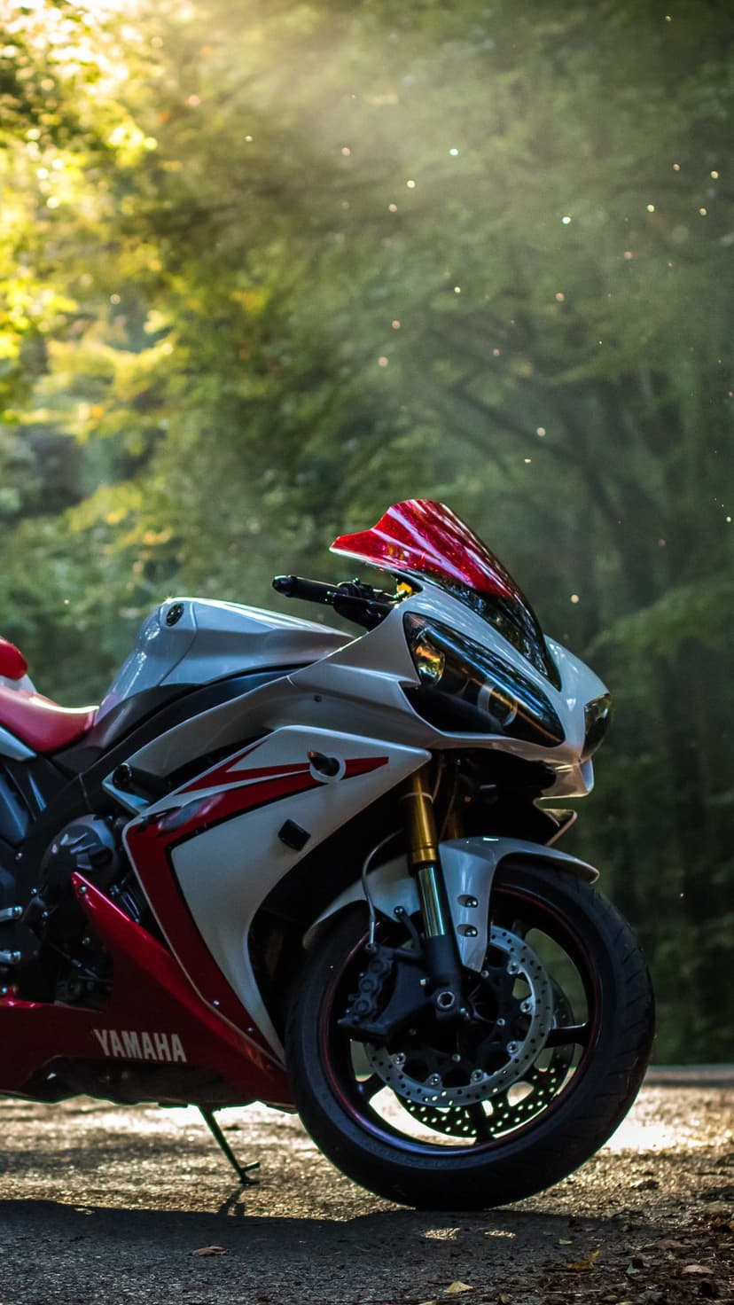 Yamaha R1 motorcycle with red and white accents parked in a sunlit forest with green leaves and dappled light.