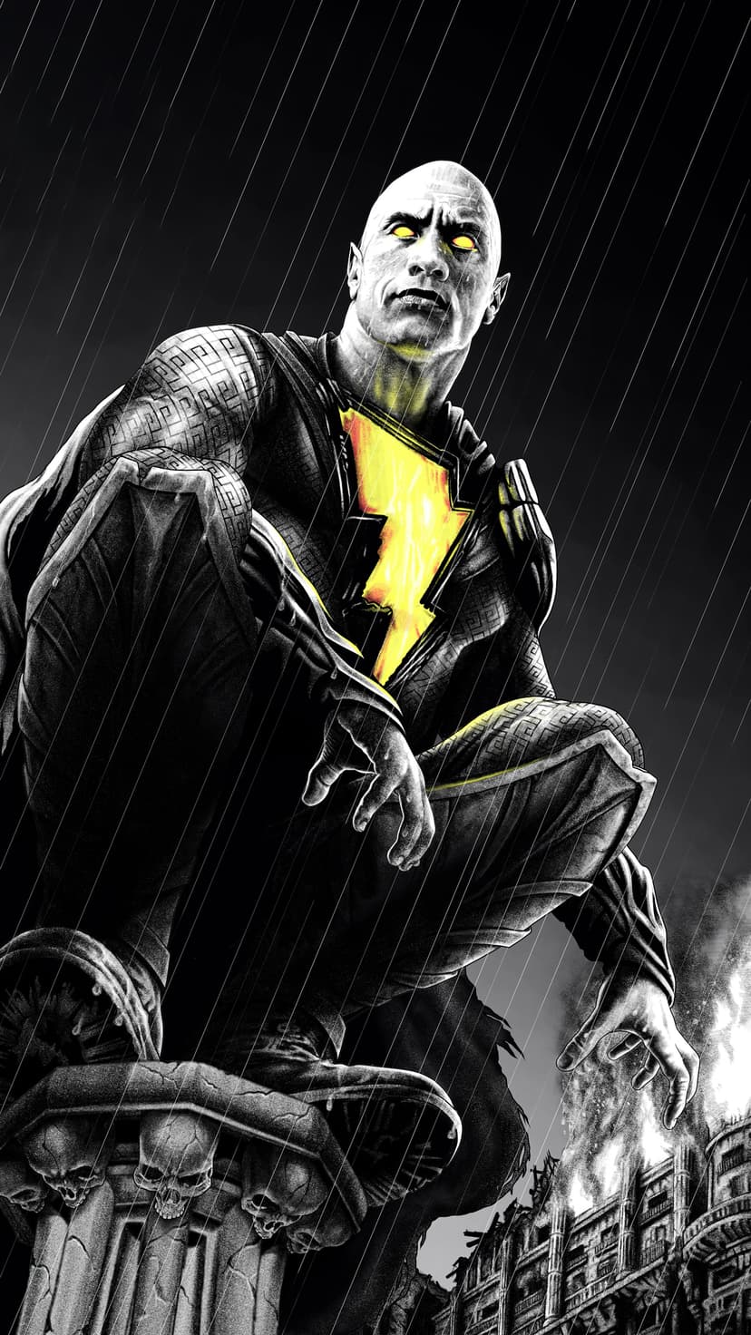 Black Adam with glowing yellow eyes crouches in falling rain before a burning city skyline during a night storm.