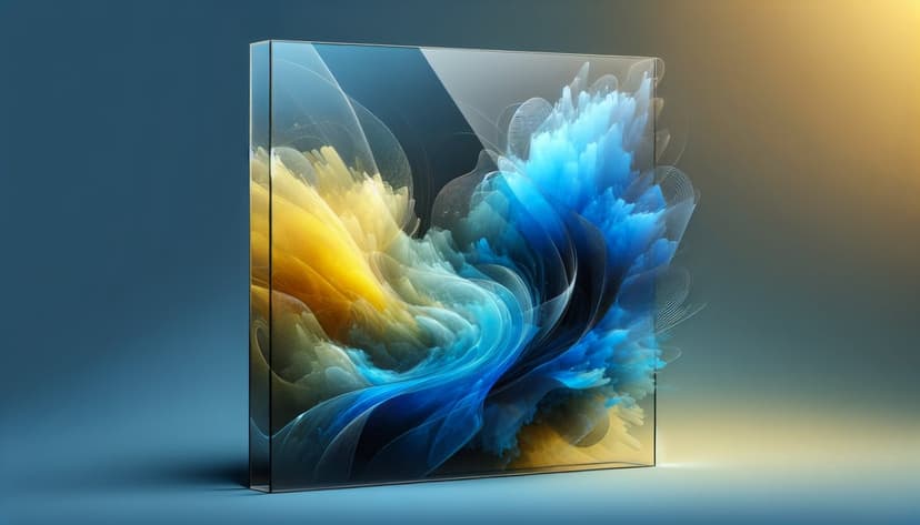 Abstract glass art features swirling blue and yellow translucent shapes with sharp light refraction and glow.