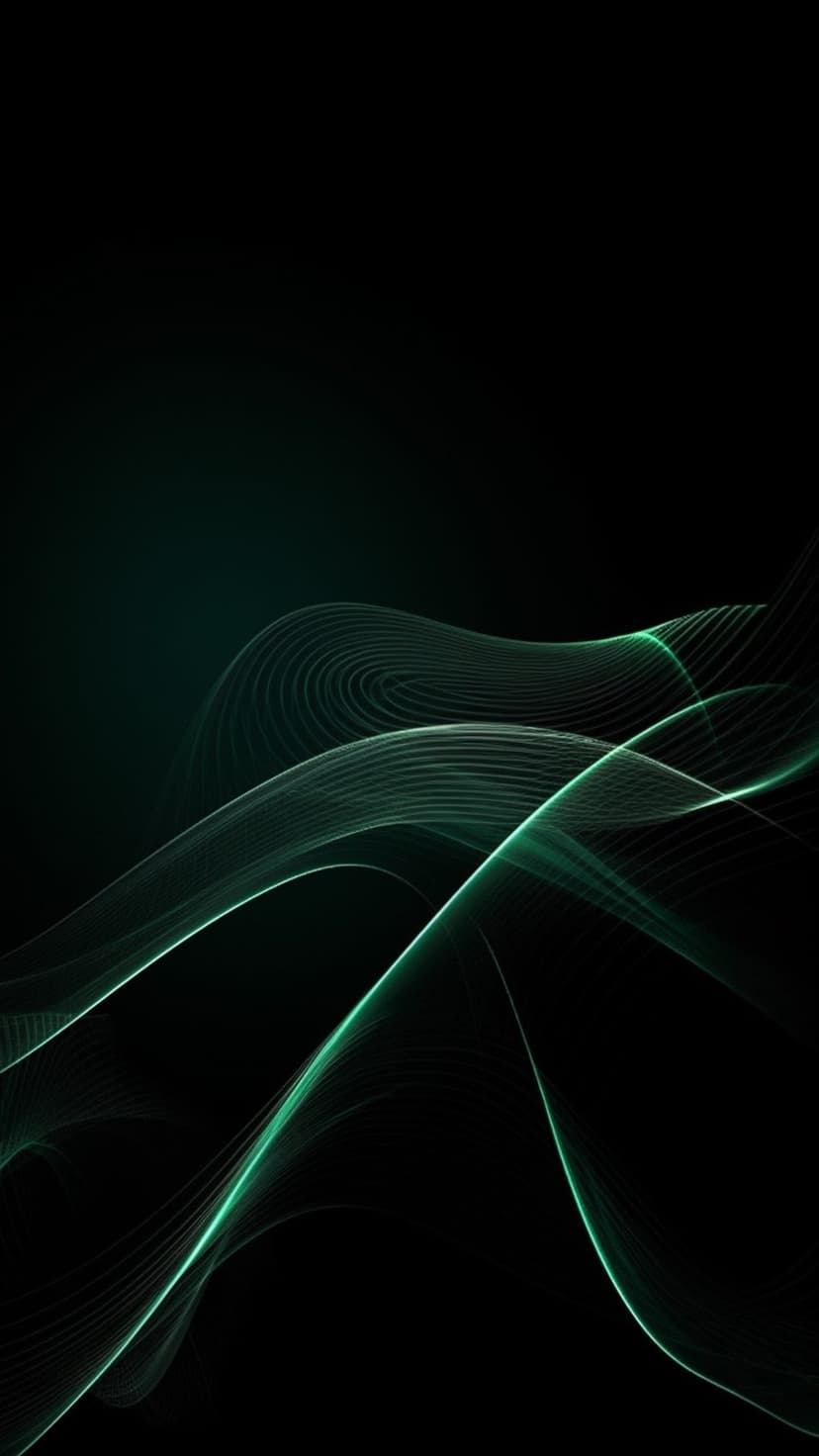 Glowing green wave patterns curve across a dark black background in a sleek and minimalist abstract design.