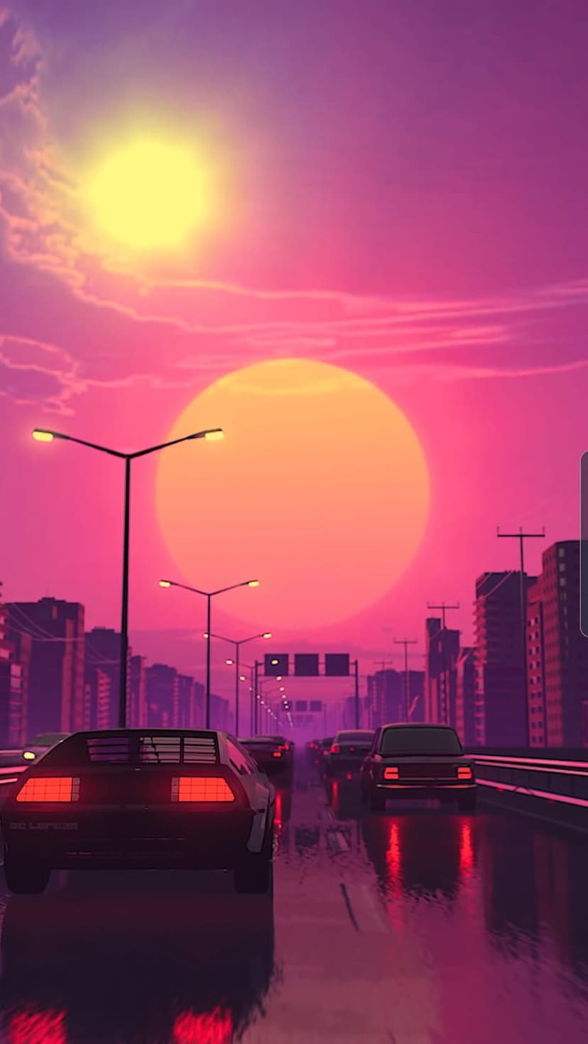 Classic car on a rain-slicked road facing a massive neon sun and futuristic city skyline at night.