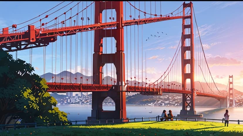 Three silhouetted figures sit on a hill overlooking the Golden Gate Bridge during a vibrant orange sunset.