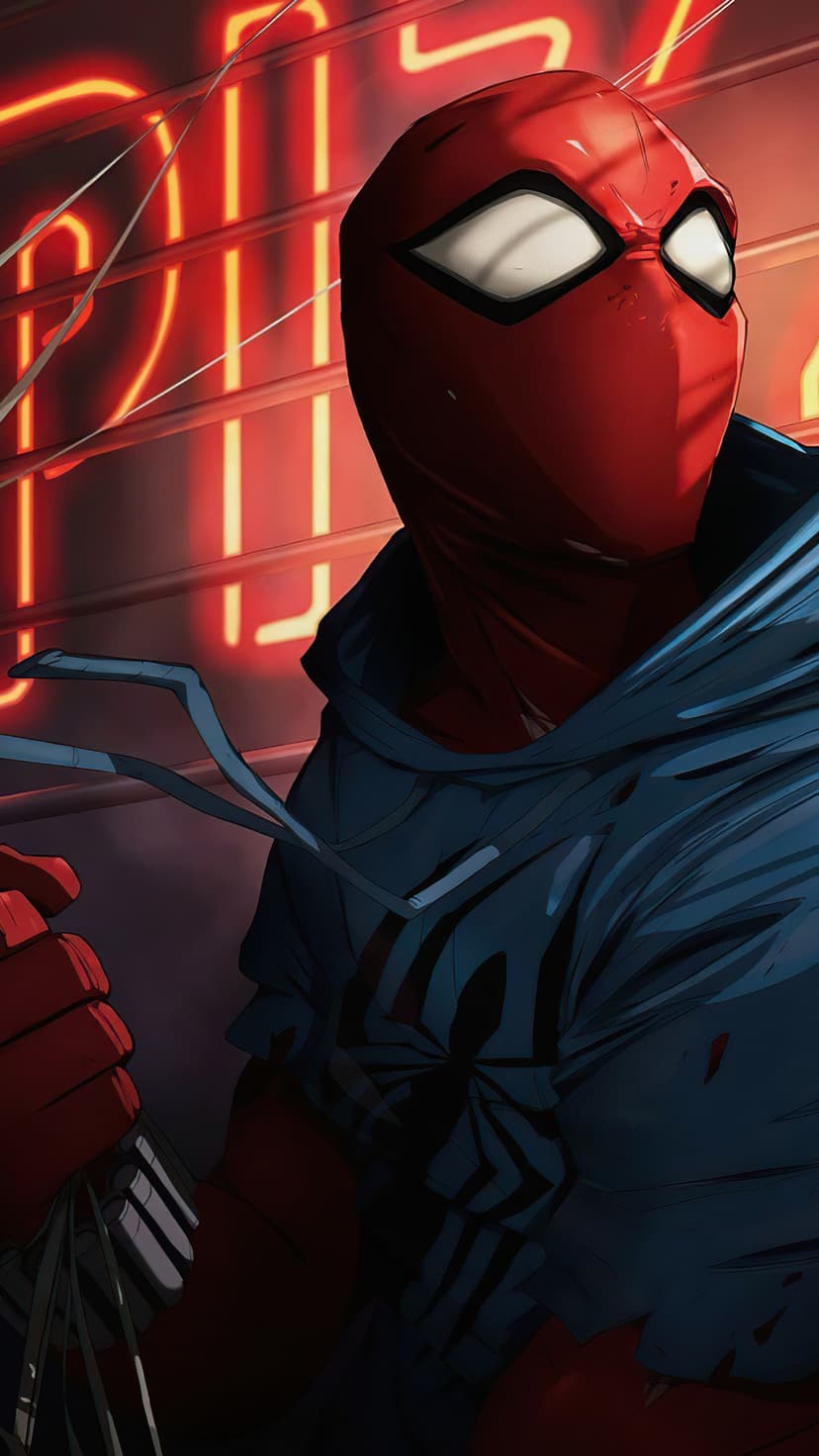 Scarlet Spider wears a blue hoodie and red suit while standing before blurred crimson neon city lights.