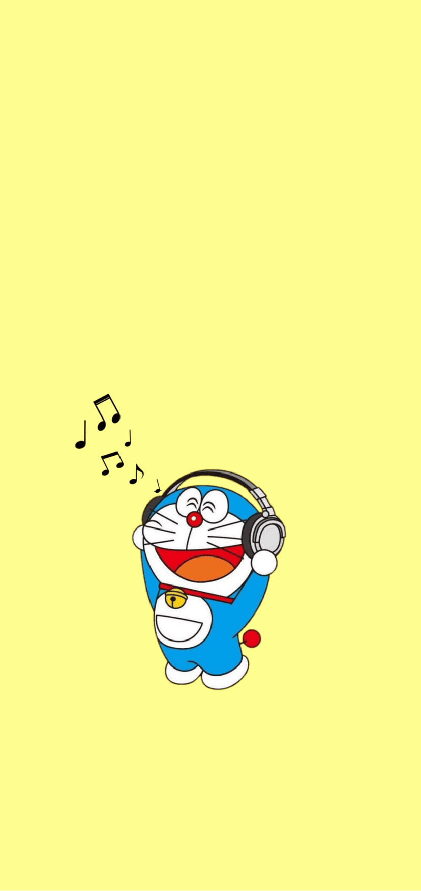 Doraemon wears blue headphones with closed eyes and a smile while musical notes drift across a yellow backdrop.