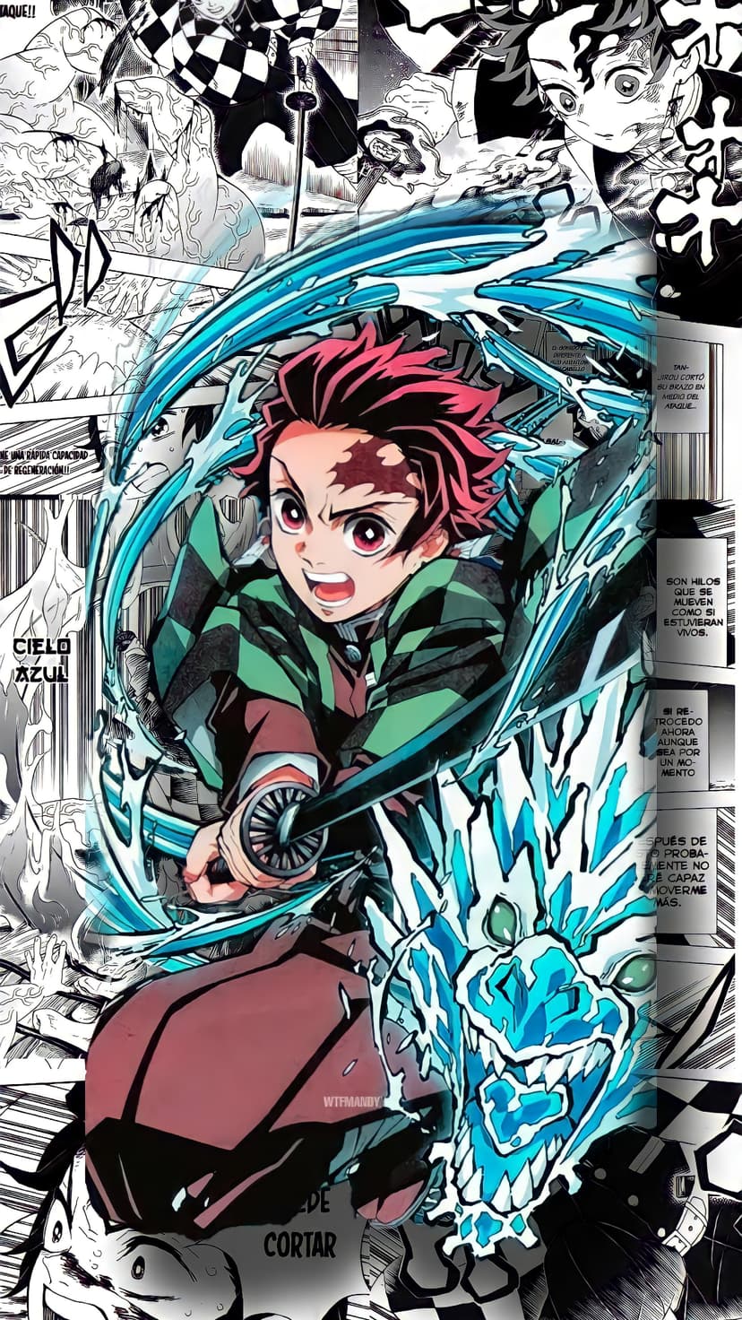 Tanjiro Kamado swings a sword while surrounded by swirling blue waves and black and white manga background panels.