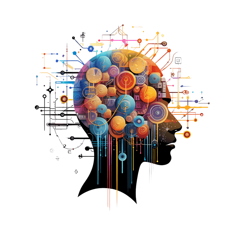 Neural connections brain silhouette illustration featuring a side profile view with colorful geometric lines.