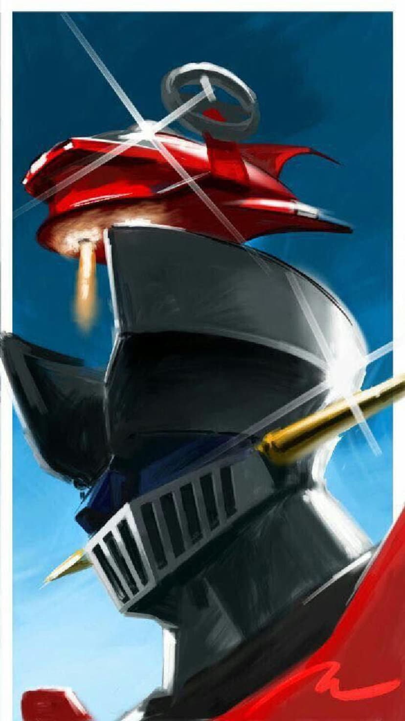 Mazinger Z robot faces forward while a red Hover Pilder flies above with a trail of orange engine flames.