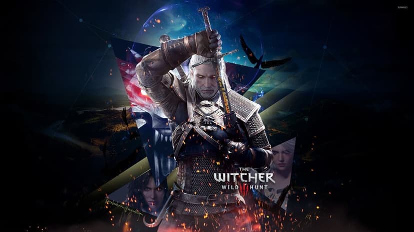 Geralt of Rivia holding a runic sword amidst fire sparks and character silhouettes in a dark fantasy landscape.