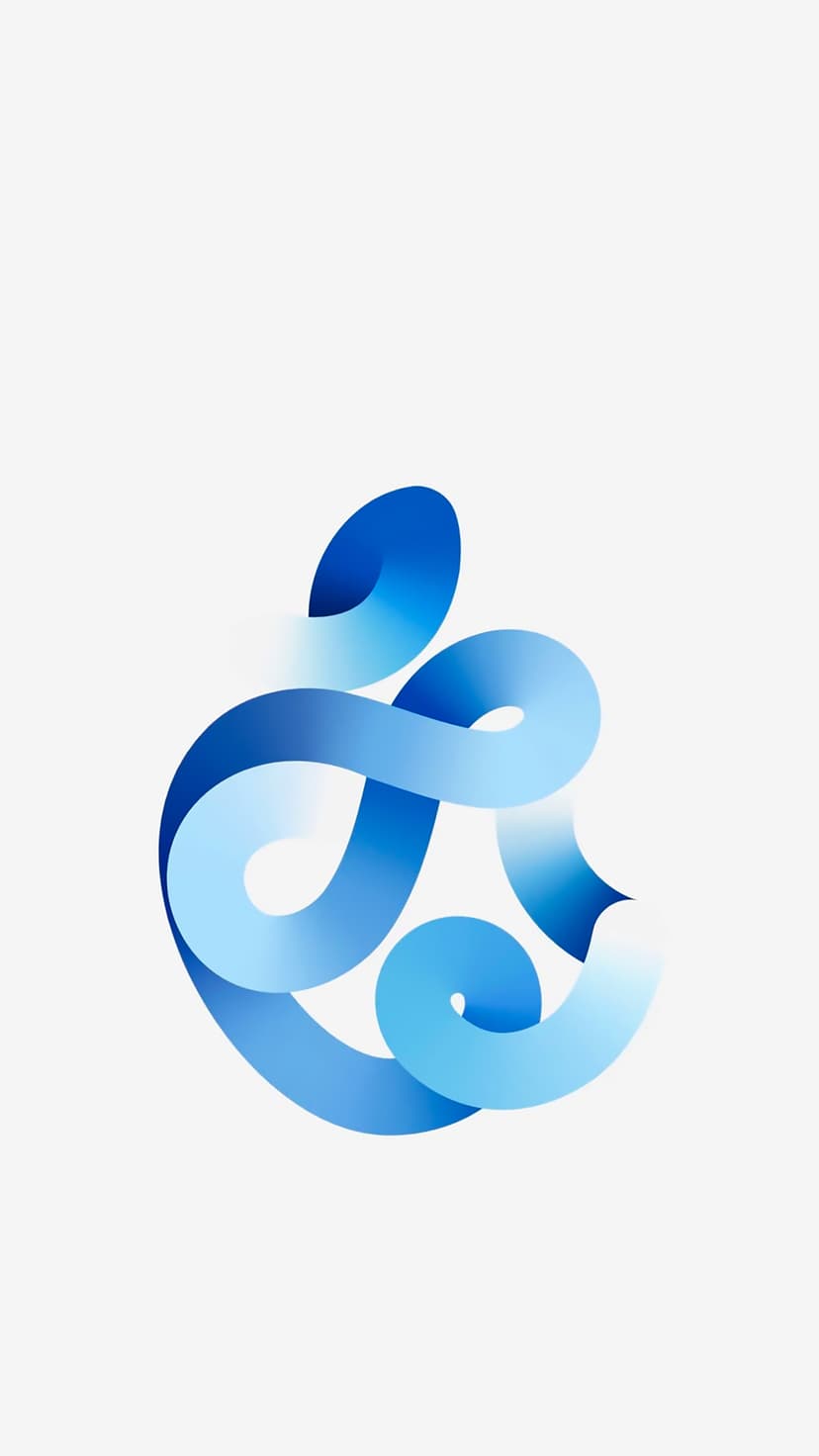 Apple logo silhouette shaped by a twisting blue ribbon with highlights and shadows on a solid white surface.