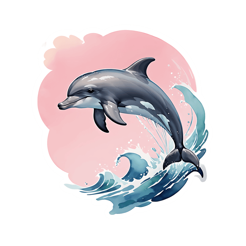 Pink dolphin sticker leaps over blue watercolor waves against a soft background with a thick white border.
