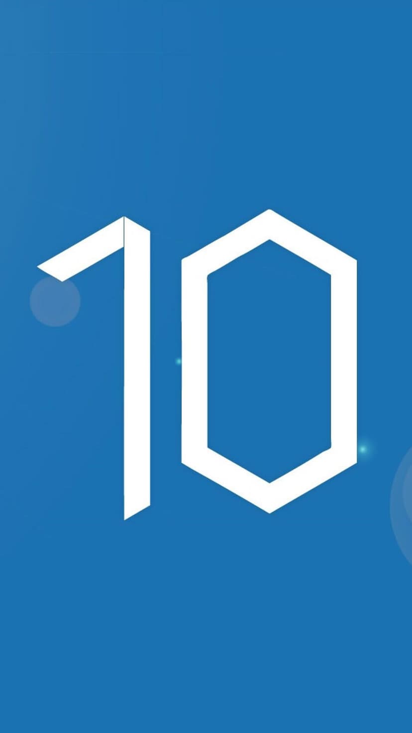 White number ten logo with a hexagonal zero on a blue backdrop featuring soft light circles and glowing effects.
