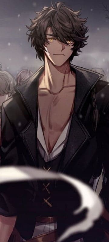 Anime guy with dark hair, yellow eyes, and open shirt