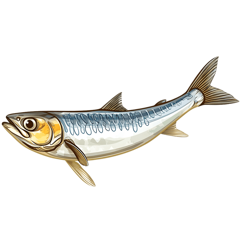 Realistic mackerel fish illustration showcasing iridescent blue scales and detailed fins over a black background.