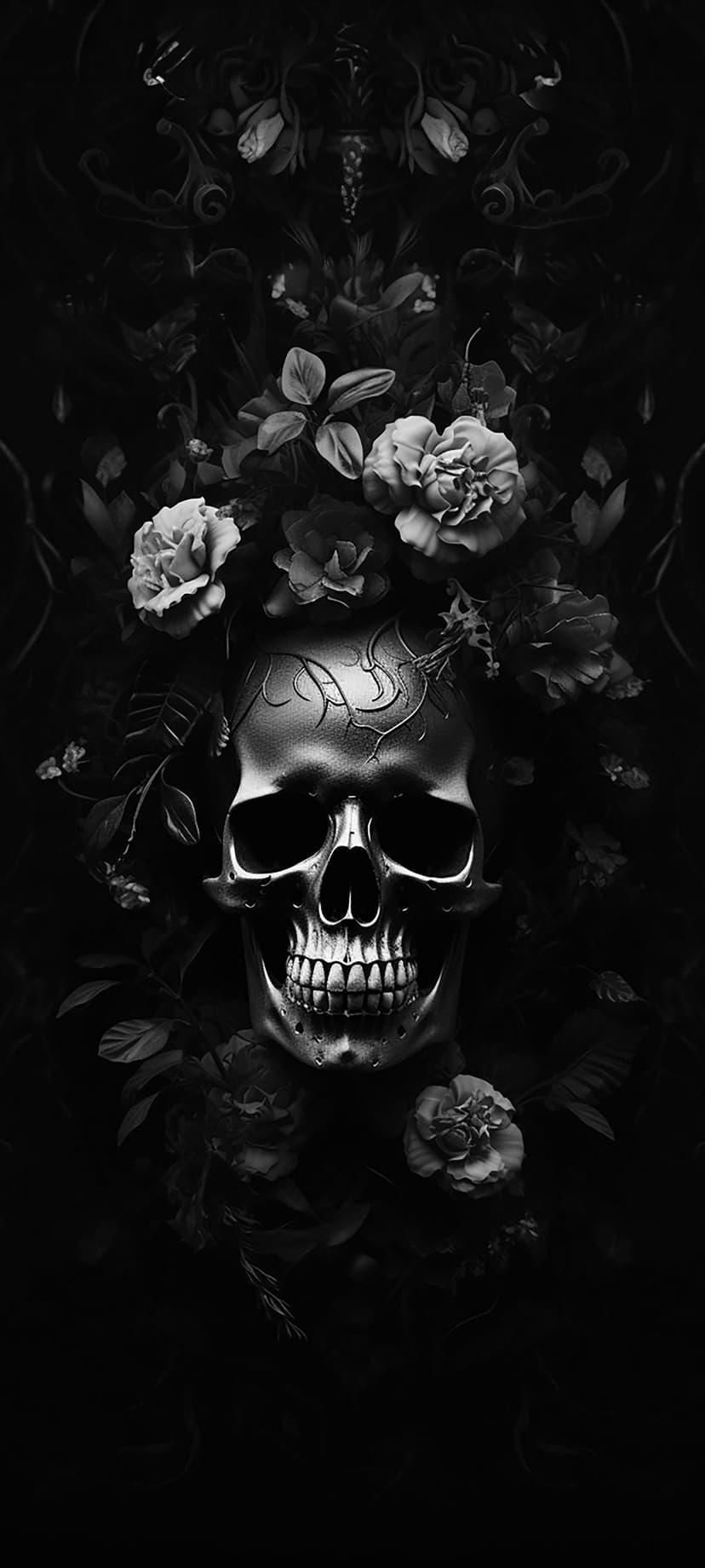 Metallic skull adorned with intricate dark roses and winding vines against a high-contrast black background.