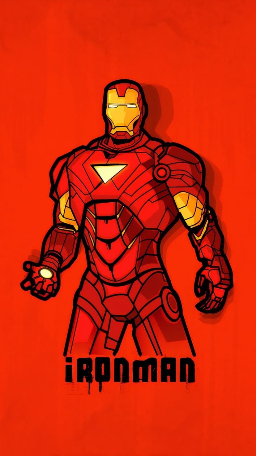 Iron Man with a glowing blue chest reactor holds his left hand open against a bright red backdrop with text.