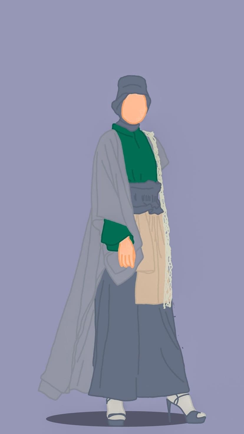 Woman in a grey robe, hijab, and bucket hat stands against a purple background wearing high-heeled sandals.