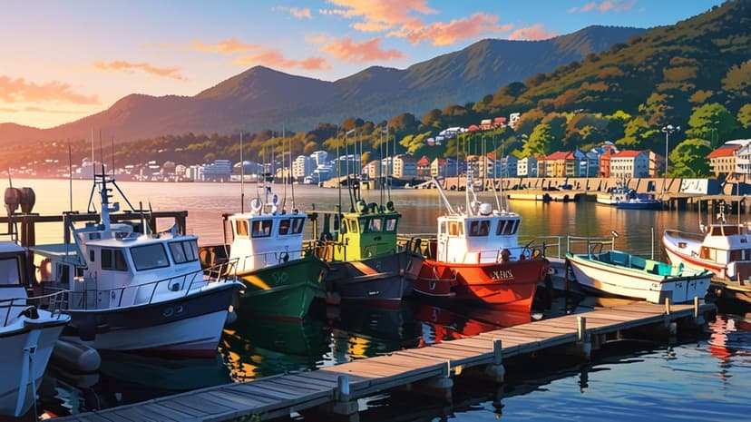 Fishing boats at anchor in a quiet harbor beneath orange sunset clouds and lush mountains with water reflections.