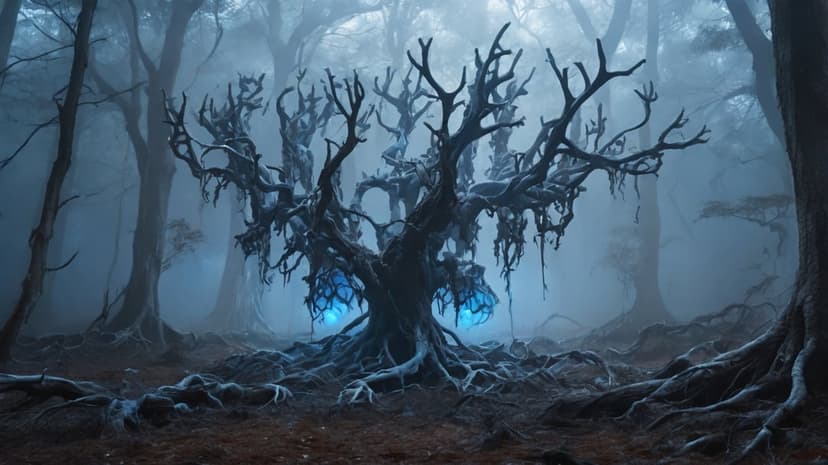 Twisted ancient tree with bioluminescent blue roots and skeletal branches reaching through dense gray fog.