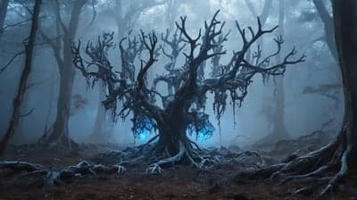Enchanted Twisted Tree in Misty, Eerie Forest