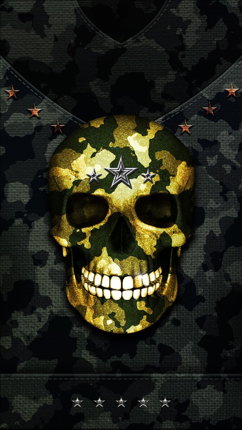 Human skull with gold and green camouflage patterns, silver forehead stars, and copper stars on a dark background.