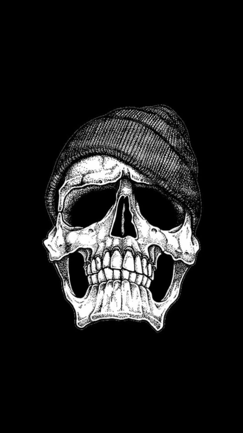 Human skull wearing a textured knit beanie hat with detailed stippling and high-contrast monochrome shading.