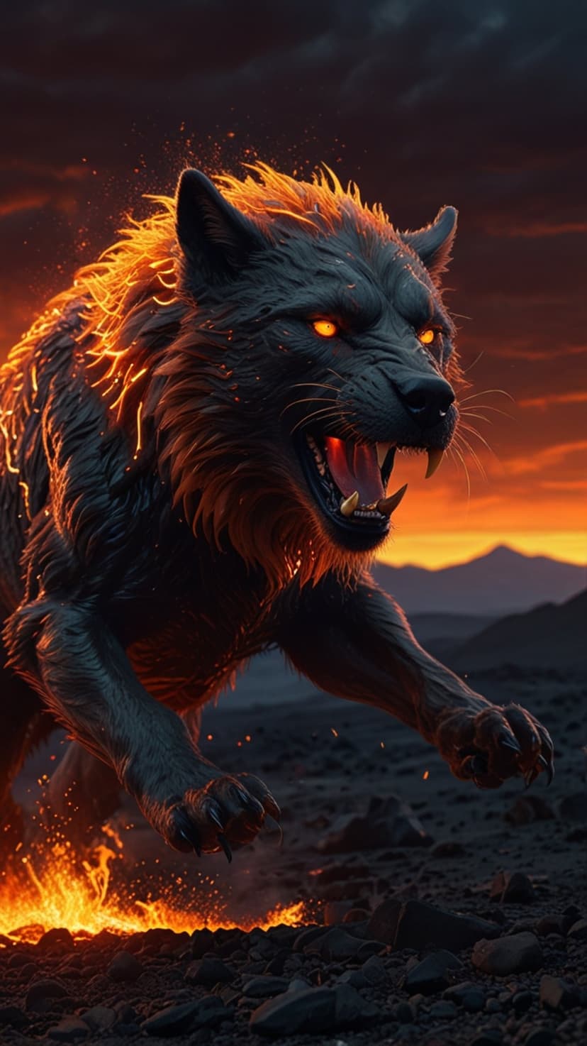 Black wolf with glowing orange eyes and flaming mane runs across volcanic rocks under a sunset mountain sky.