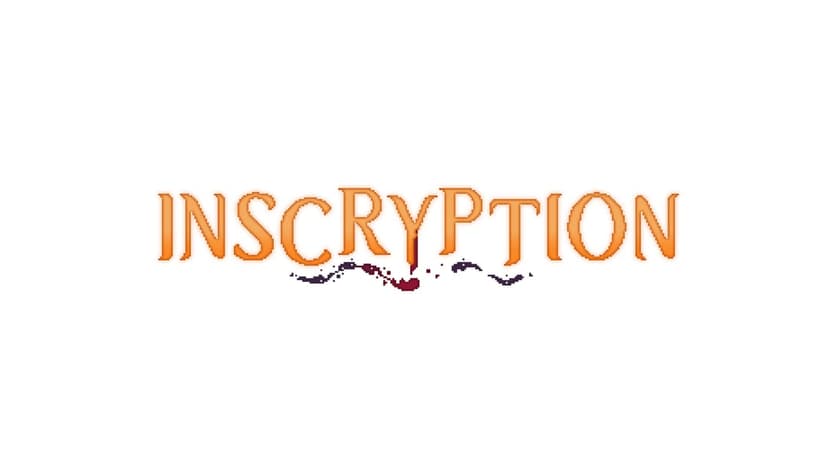 Orange pixelated Inscryption logo with a dark red blood splatter trail on a clean white background.