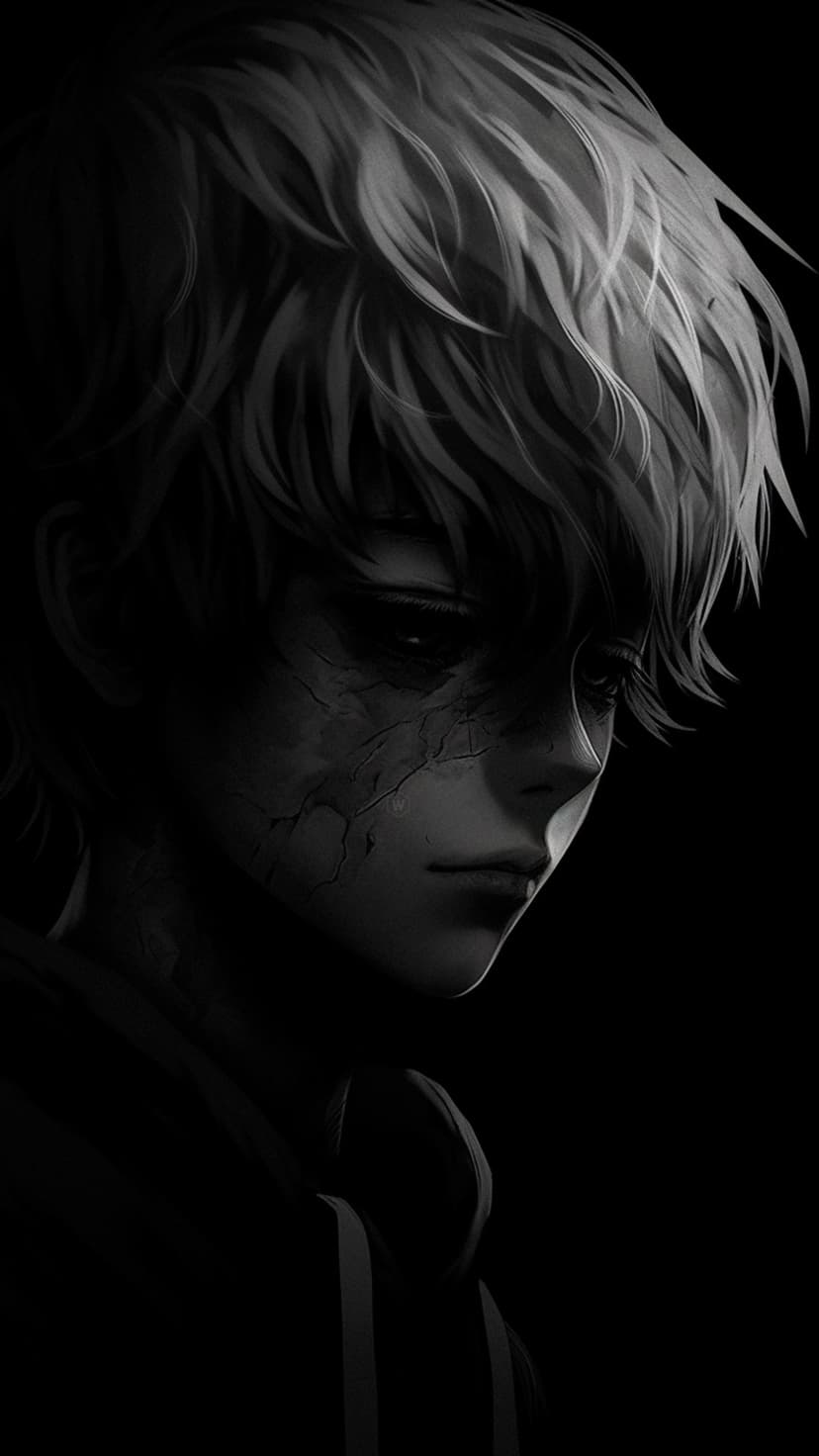 Young anime boy with messy hair and cracked facial skin gazes downward amidst heavy, dark shadows.