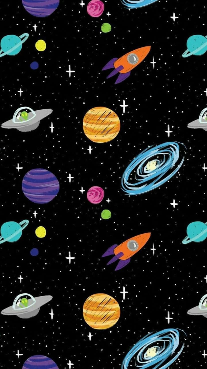 Colorful planets, retro rockets, and silver UFOs scattered across a black background filled with tiny white stars.